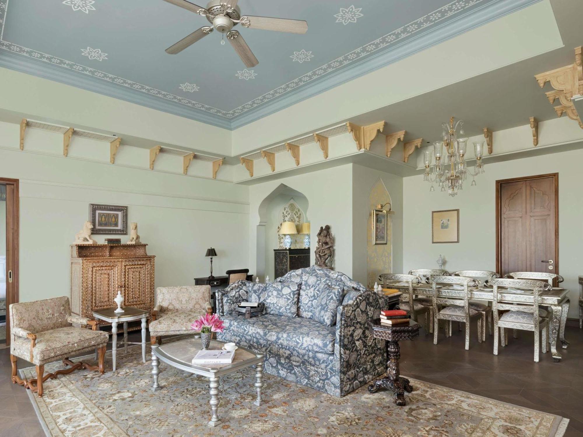 Rajmata Two-Bedroom Presidential Suite with Pool: Airport Transfers in luxury vehicle, 01 Bottle of champagne, INR 5000 hotel credit once during the stay. One 60-minute spa therapy for couple, Evening Hi-Tea at Safir/ Sundowner session with Bartender